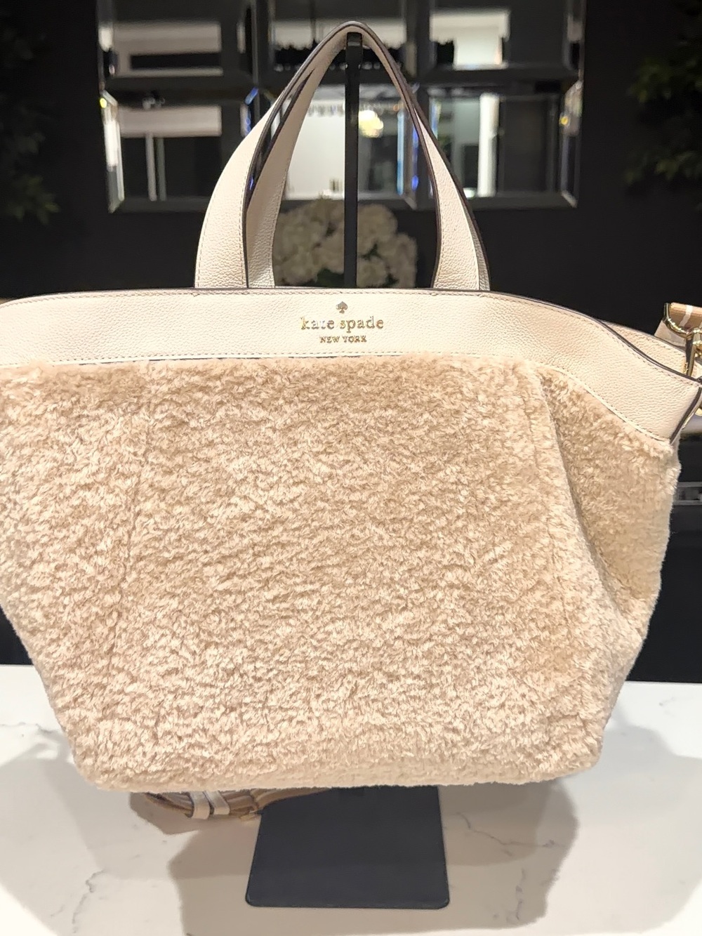 kate spade cream shearling tote with leather trim